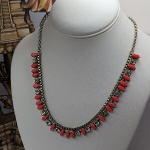 J. Crew Coral Pink & Rhinestone Statement Necklace - Muted Gold Tone